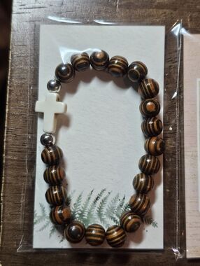 Dark Brown Wood Beaded Bracelet with Cross Accent